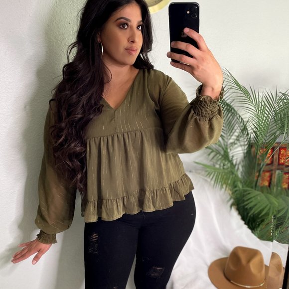 Olive Peplum Top - Picture 2 of 2